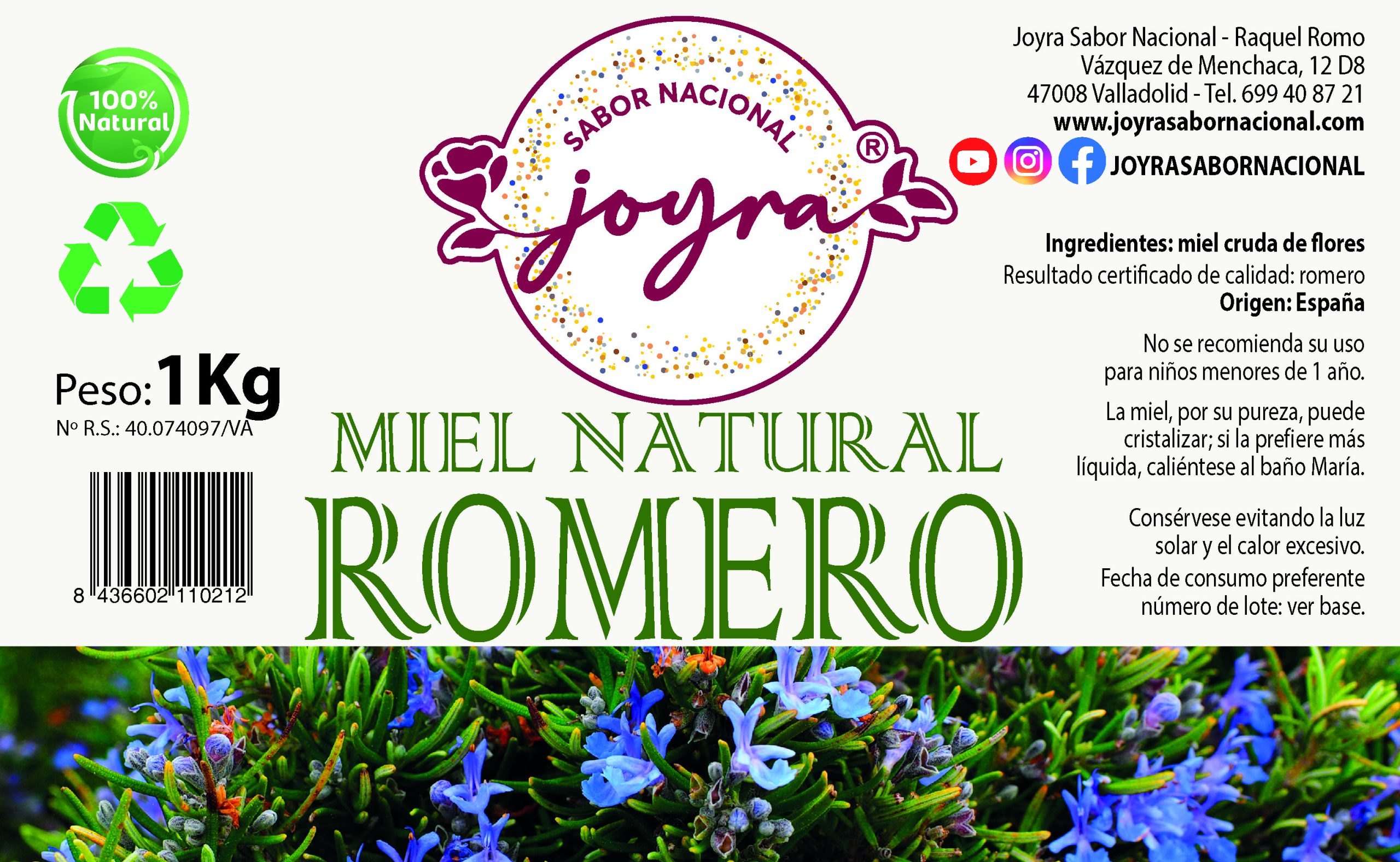Se muestra la etiqueta de la miel de romero