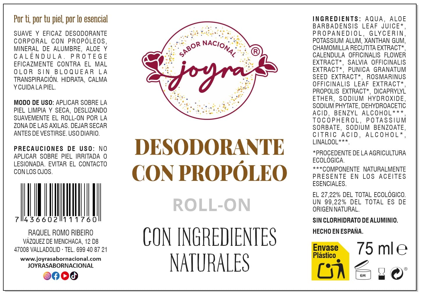 Etiqueta Desodorante natural con propóleo